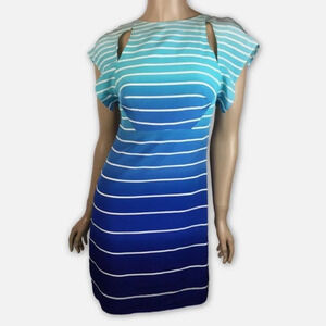 Misha Nonoo Blue Striped Silk Dress with Cut Out Shoulders Size 8